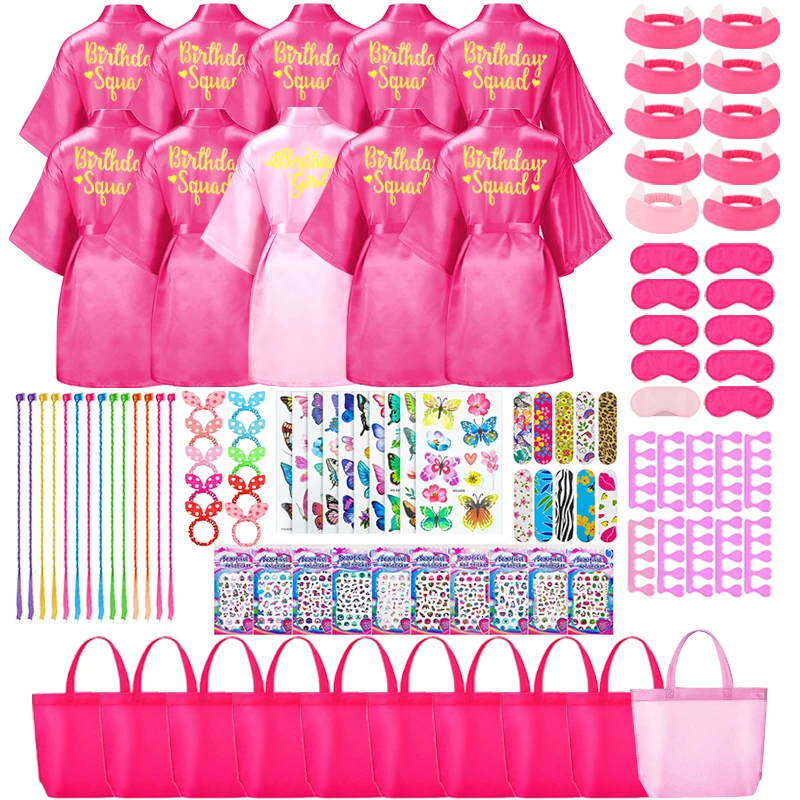 6/10/12 Set Birthday Squad Robes Spa Party Favors for Kids Birthday Spa Party Robe for Girls Kimono Satin Robe Hot Pink Party