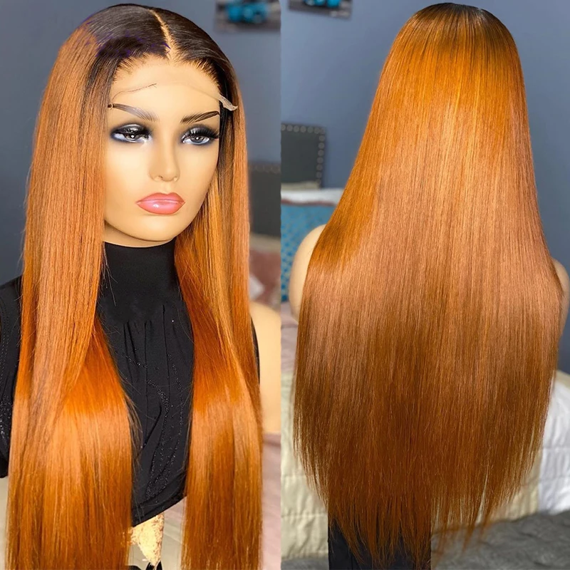 Preplucked Wig depan berenda lurus halus oranye Ombre panjang ketebalan 26 inci 180% untuk rambut bayi WANITA HITAM tanpa lem tahan panas