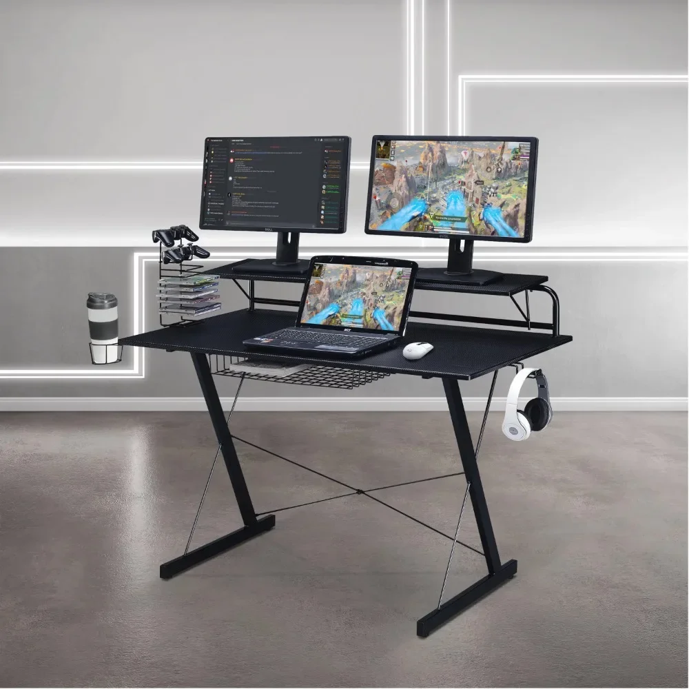 Carbon Computer Gaming Desk with Shelving, Black Laptop Table Computer Desk Stand Home Office Desk