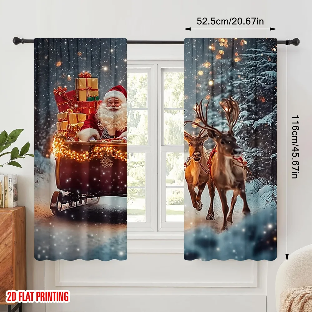 2pcs,2D plane printing Popular Curtain Panels Santa Sleigh Reindeer Christmas Lights (2) Versatile Durable Polyester (without