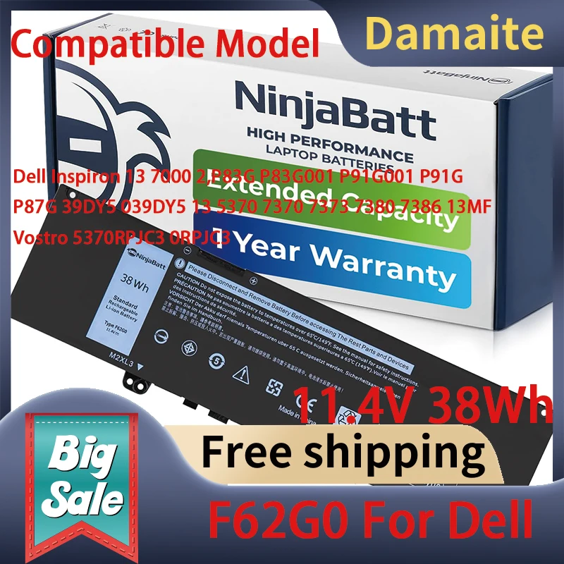 

Аккумулятор для ноутбука Damaite 11.4V 38Wh F62G0 Li-ion для Dell Inspiron 13 7000 2 P83G P83G001 P91G001 P91G P87G 39DY5 039DY5 13 5370