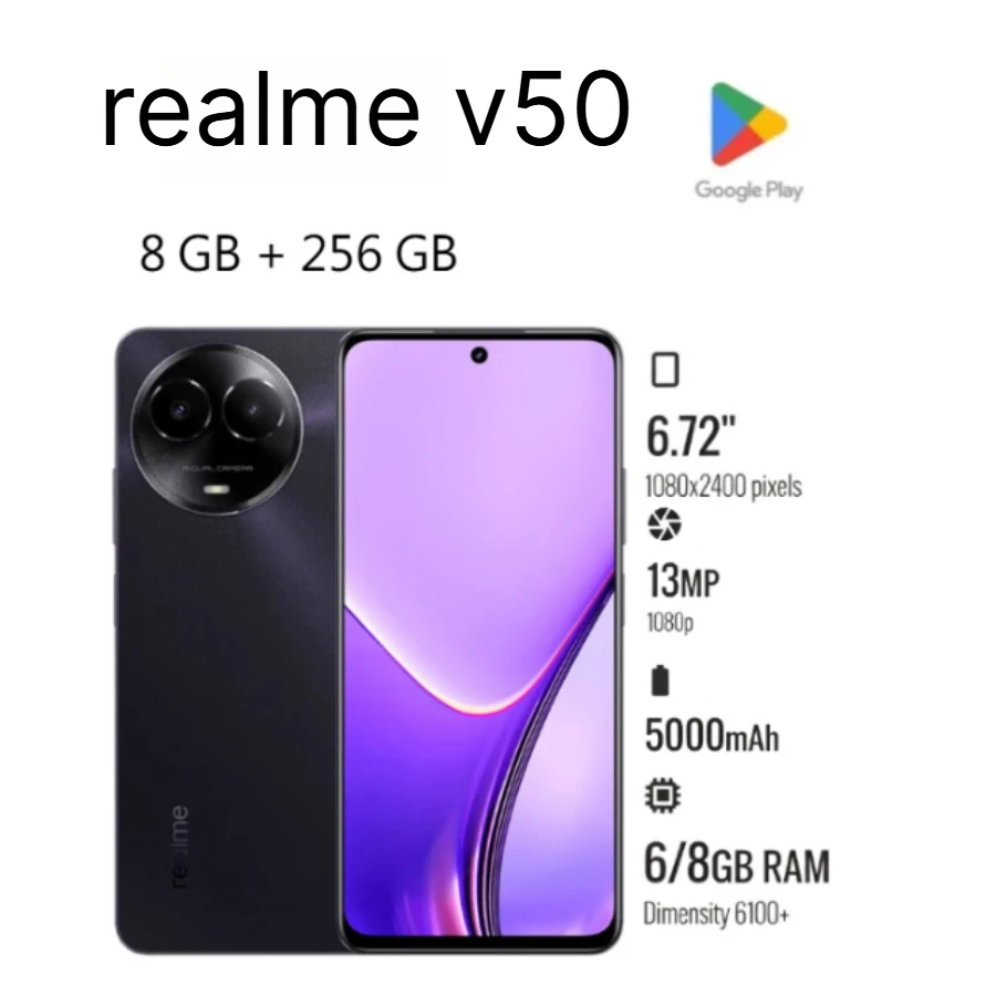 2026 New Realme V50 Unlocked Smartphone 8GB RAM 256GB Dimensity 6100+ 6.72 Inch 120Hz IPS Screen 5000mAh Dual‑SIM Android 13