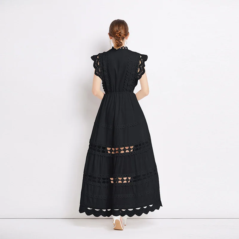 Runway Crochet Hollow Out Midi Lace Dress for Women 2024 Summer Sleeveless Embroidery Party Dress Elegant Holiday Robe