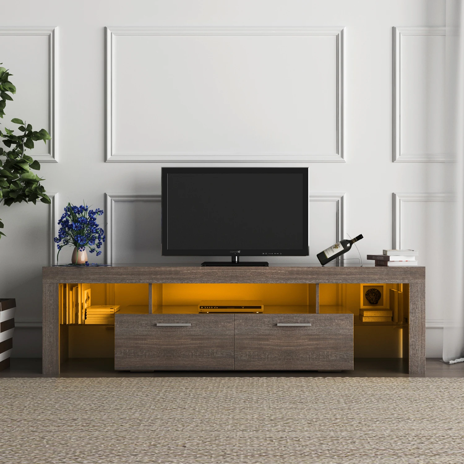 20 minutes quick assembly brown simple modern TV stand with the toughened glass shelf Floor cabinet Floor TV wall cabinet Brown