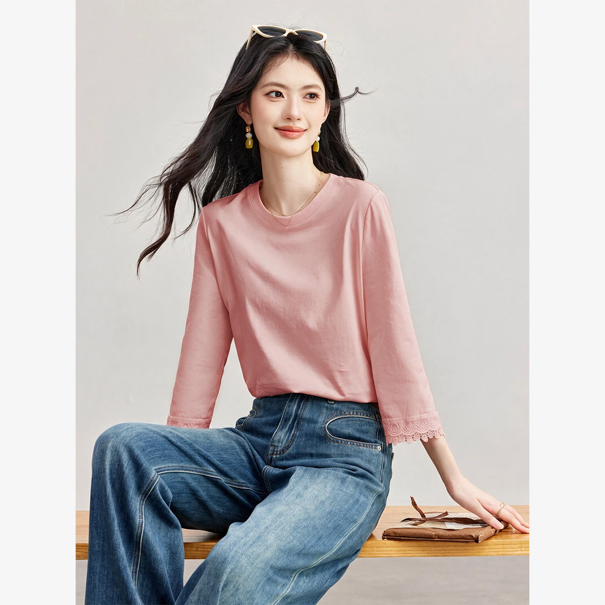 VIMLY Pink T-shirt for Women Cotton 100% French Ruffle Splice Round Neck 3/4 Sleeve Tees Fashion Elegant Casual Top Ladies A7337
