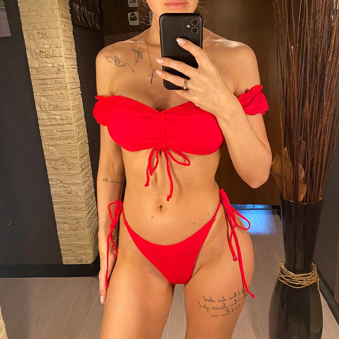 Schulterfreier, hoch geschnittener Bikini mit Scrunch-Effekt am Po, Damen-Badeanzug, zweiteiliges Bikini-Set, Badebekleidung, Badeanzug, Schwimmbikini V6126 – Detail 3