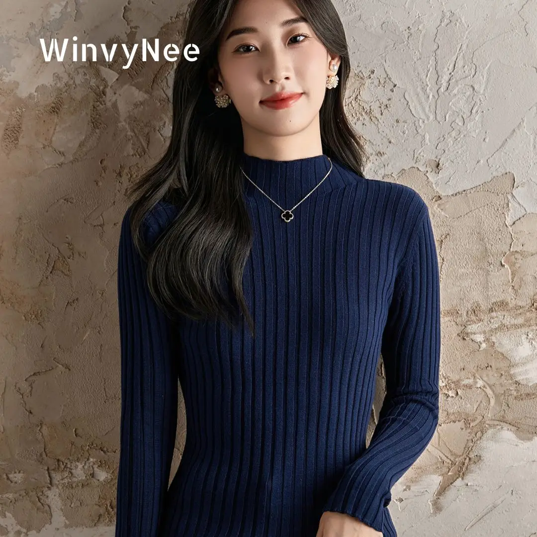 

Женский пуловер WinvyNee из чистого хлопка в рубчик с полувысоким воротником, в полоску, с длинными рукавами, мягкий, приятный для кожи, дышащий топ A1092012