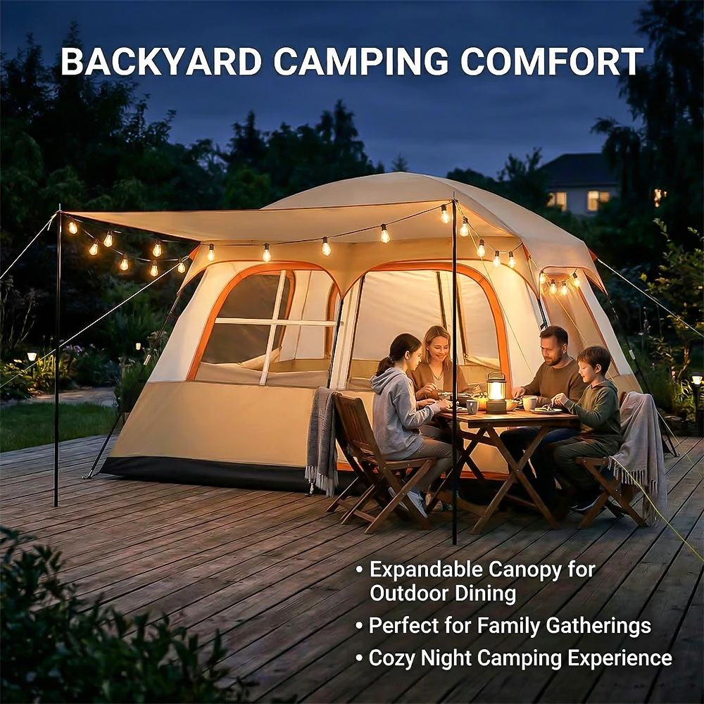 Familien-Outdoor-Campingzelt mit abnehmbaren Trennwänden, tragbares Familienzelt, geräumiges Reisezelt mit erweiterbarem Vordach, separates Doppelzimmer und zentrales Wohnzimmer