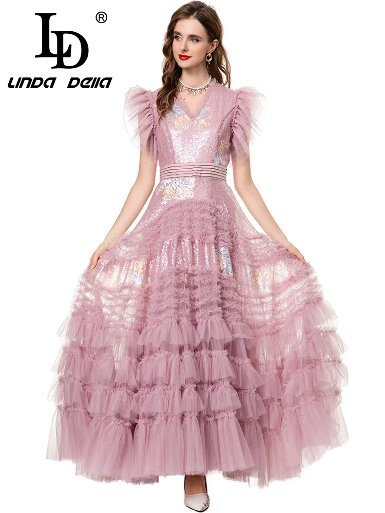 LD LINDA DELL فستان عشاء شبكي مطرز بلون سادة ورقبة على شكل حرف V فستان عشاء مثير للولائم عالي الخصر فستان عصري