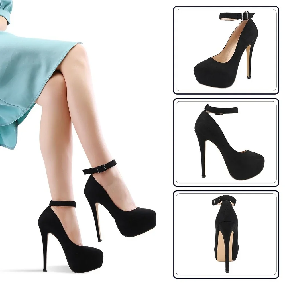 LOSLANDIFEN Women\'s 14cm Round Toe Ankle Strap Thin Heel Slingback Platfrom Pumps High Heels Stilettos Party Wedding Dress Shoes