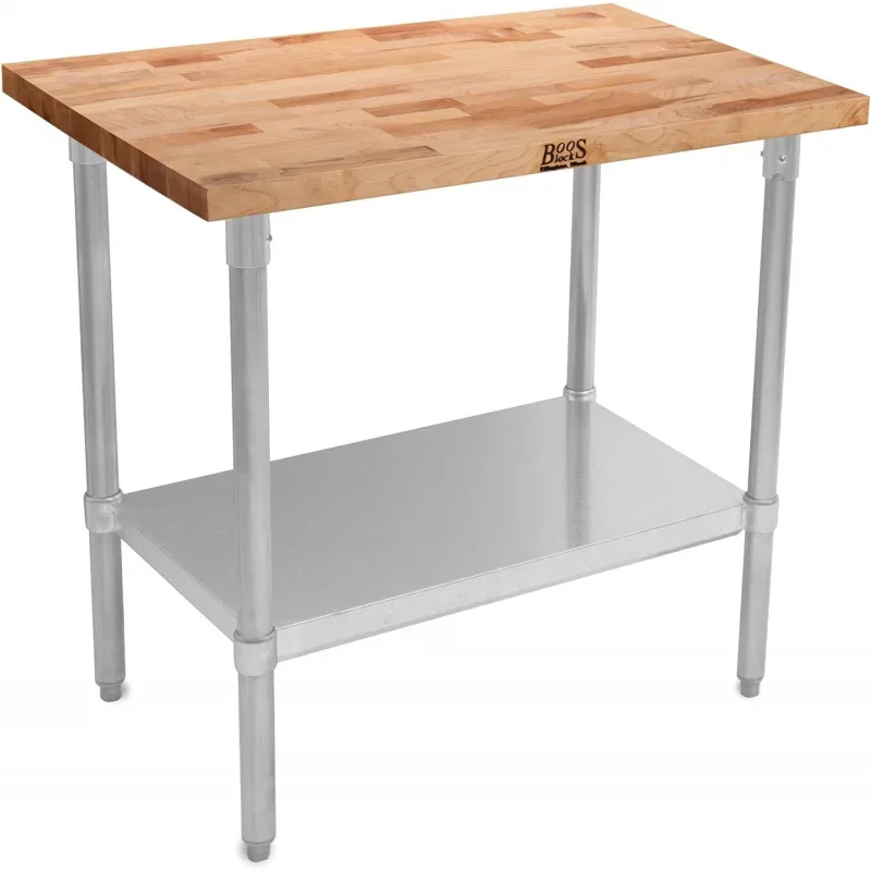 Maple Wood Top Work Table with Adjustable Lower Shelf, 36 x 24 x 1.5 Inch, Galvanized Steel