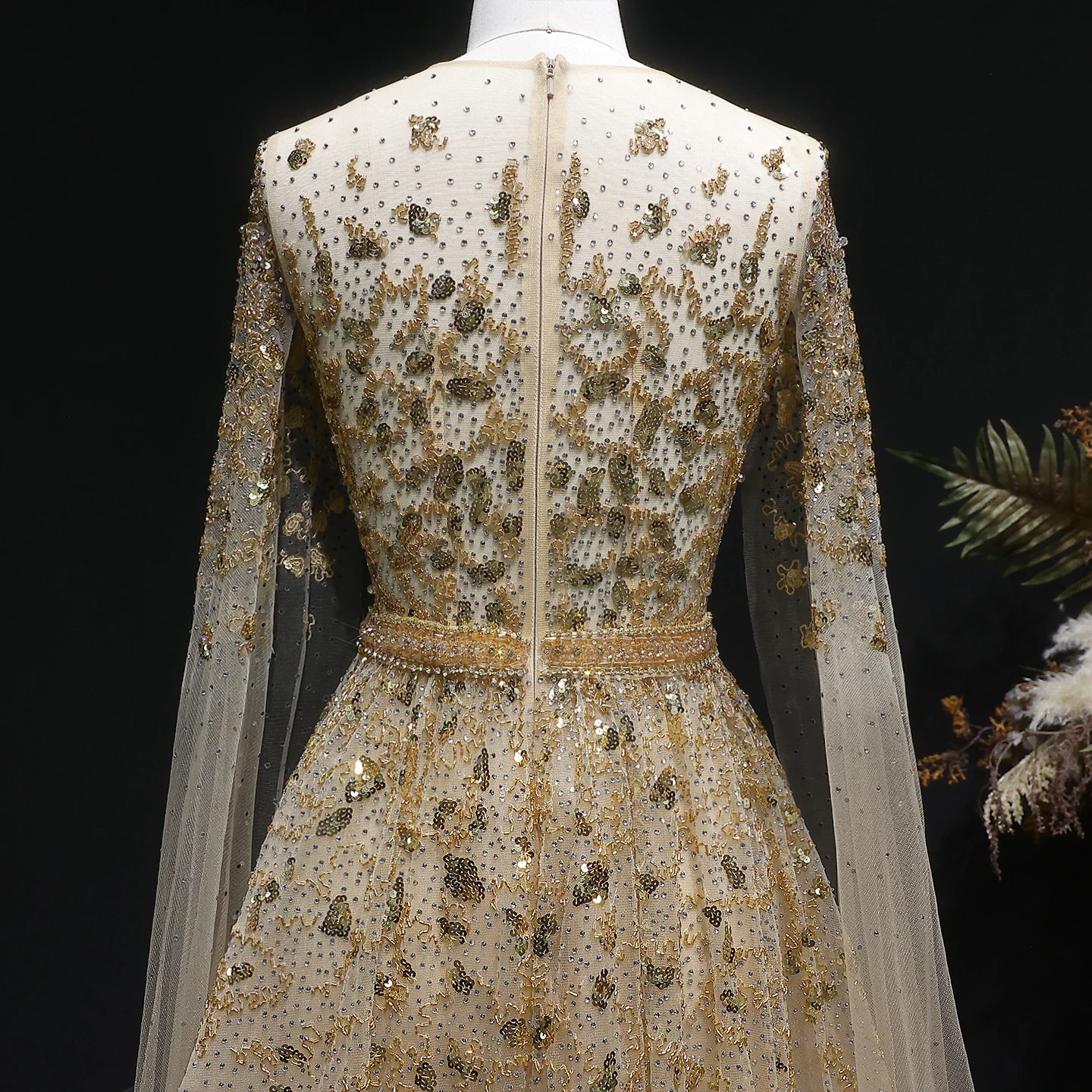 gold beaded dress with sleeves Long Beaded Primavera Gown with Long Bell Sleeves main image 1