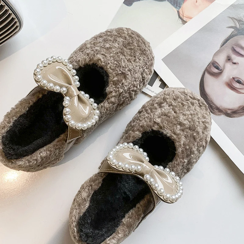 Red Teddy Fur ballerine Kid Girl Warm Thick Plush Mary Janes Child Winter Fluffy Party Princess Shoes con Pearl Bowknot