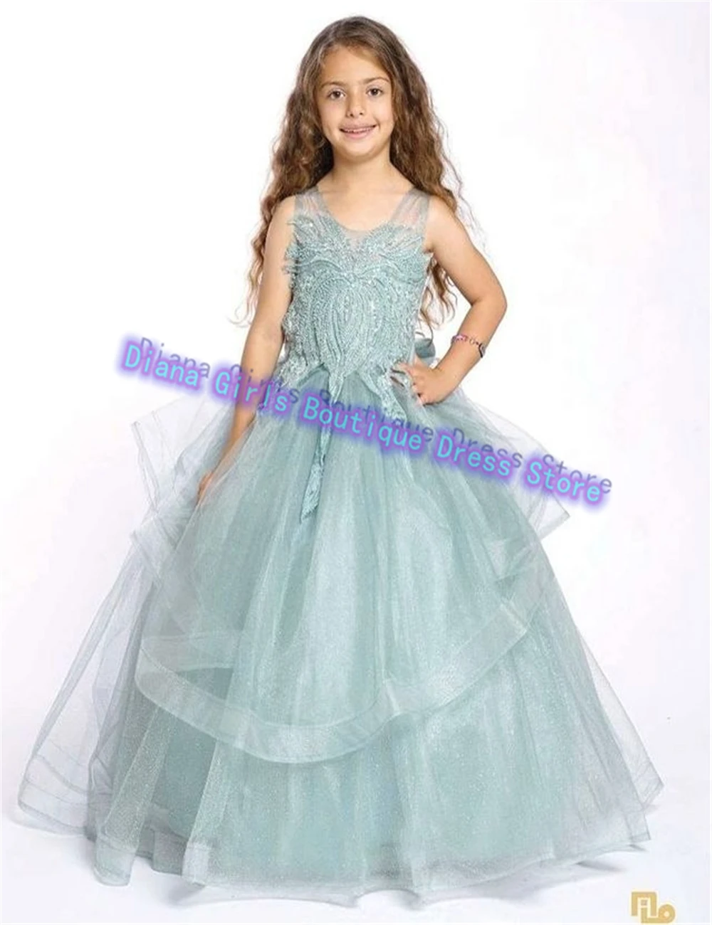 

Green Elegant Flower Girl Dress Champagne Tulle Puffy for Little Baby Girls Wedding Birthday Pageant Party Evening Gowns
