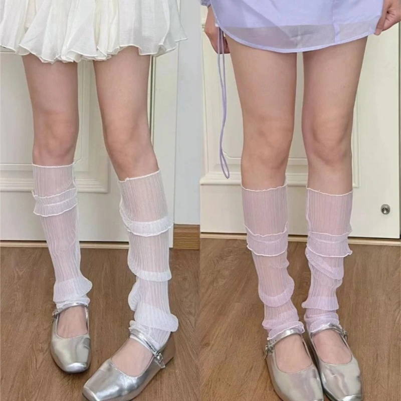 Women's Sexy Transparent Lace Pleated Solid Color Stacked Socks Summer Thin Leg Warmers Fashion Sun-proof Breathable Long Socks