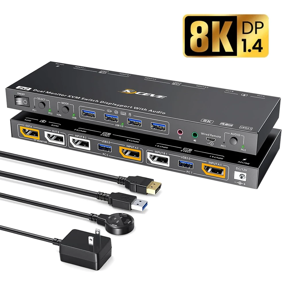 KVM Switch 2 DP 1.4 8K Monitors Docking Station USB 3.0 Hub Splitter 2 Computer Laptop PC Desktops Accessories Switcher Selector