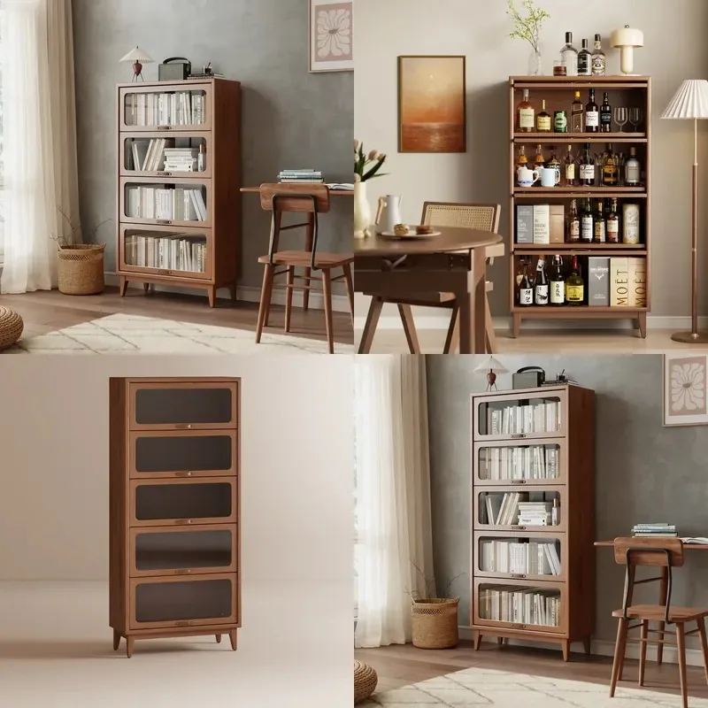 US Stock Solid Wood Five-Story Bedroom Bookcase with Tempered Glass Flap Door, Brown Natural Wood, Freestanding Heavy Duty