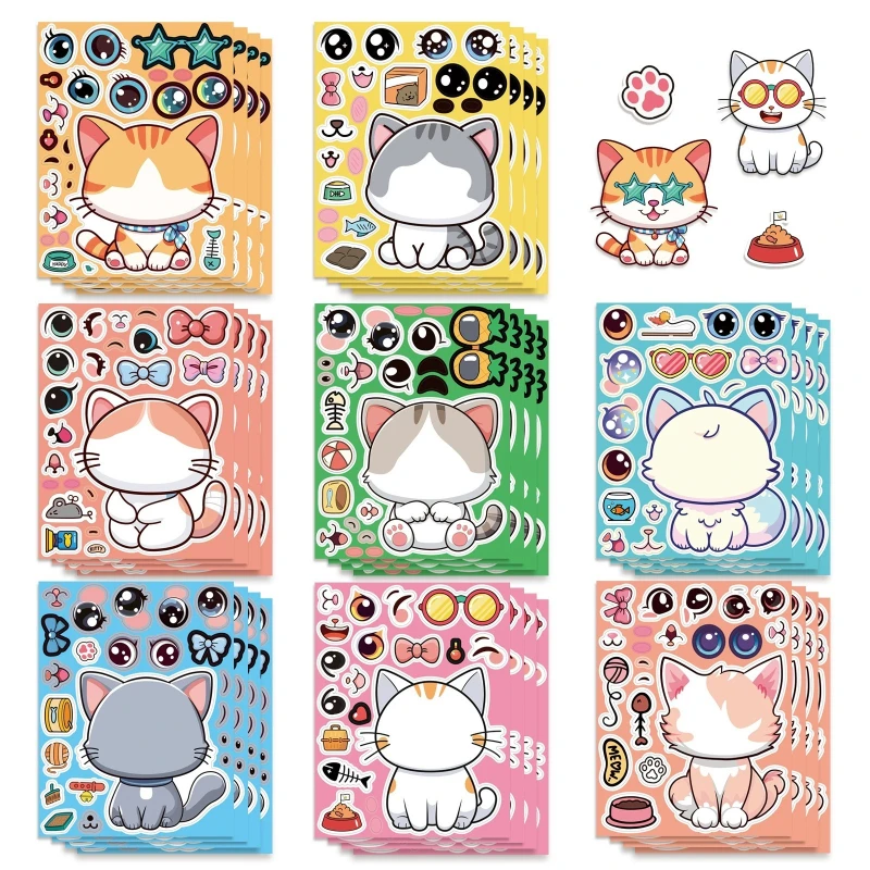 8-40 PCS Cat Face-Swap Stickers Kindergarten Early Learning Educational Toy Stickers DIY Children's Puzzle Stickers