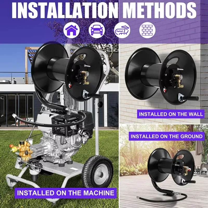 Heavy Duty Power Wall Mounted Manual 100ft 200ft Pressure Washer Hose Reel For Car Washer Sewer Cleaner Water Pipe Storage