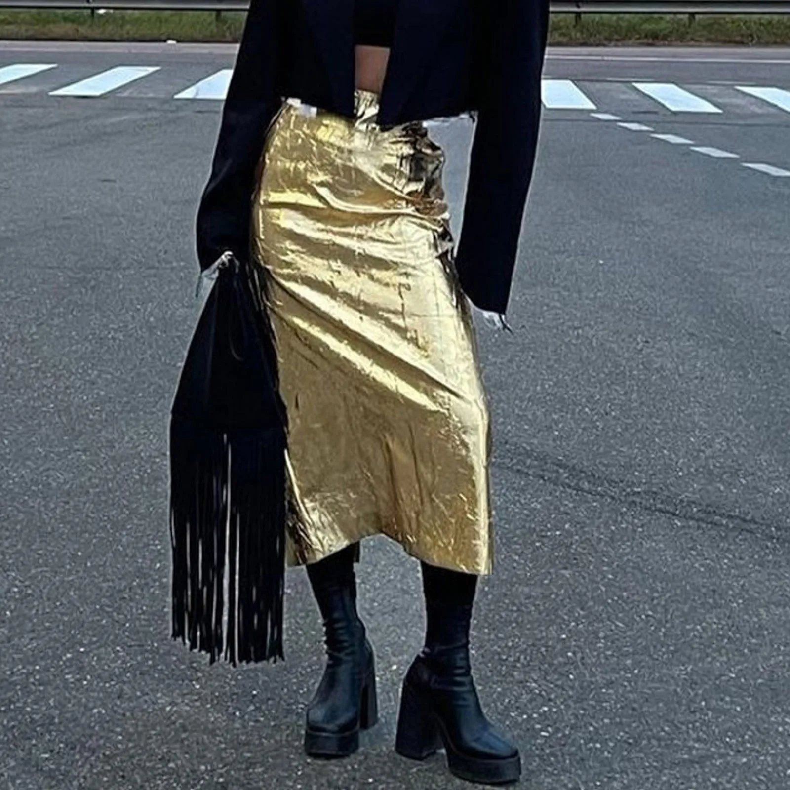 

2026 New Spring Summer Women Gold Shiny Faux Leather Skirt A Line Korean Style Clothes StreetwearRunway Fashion
