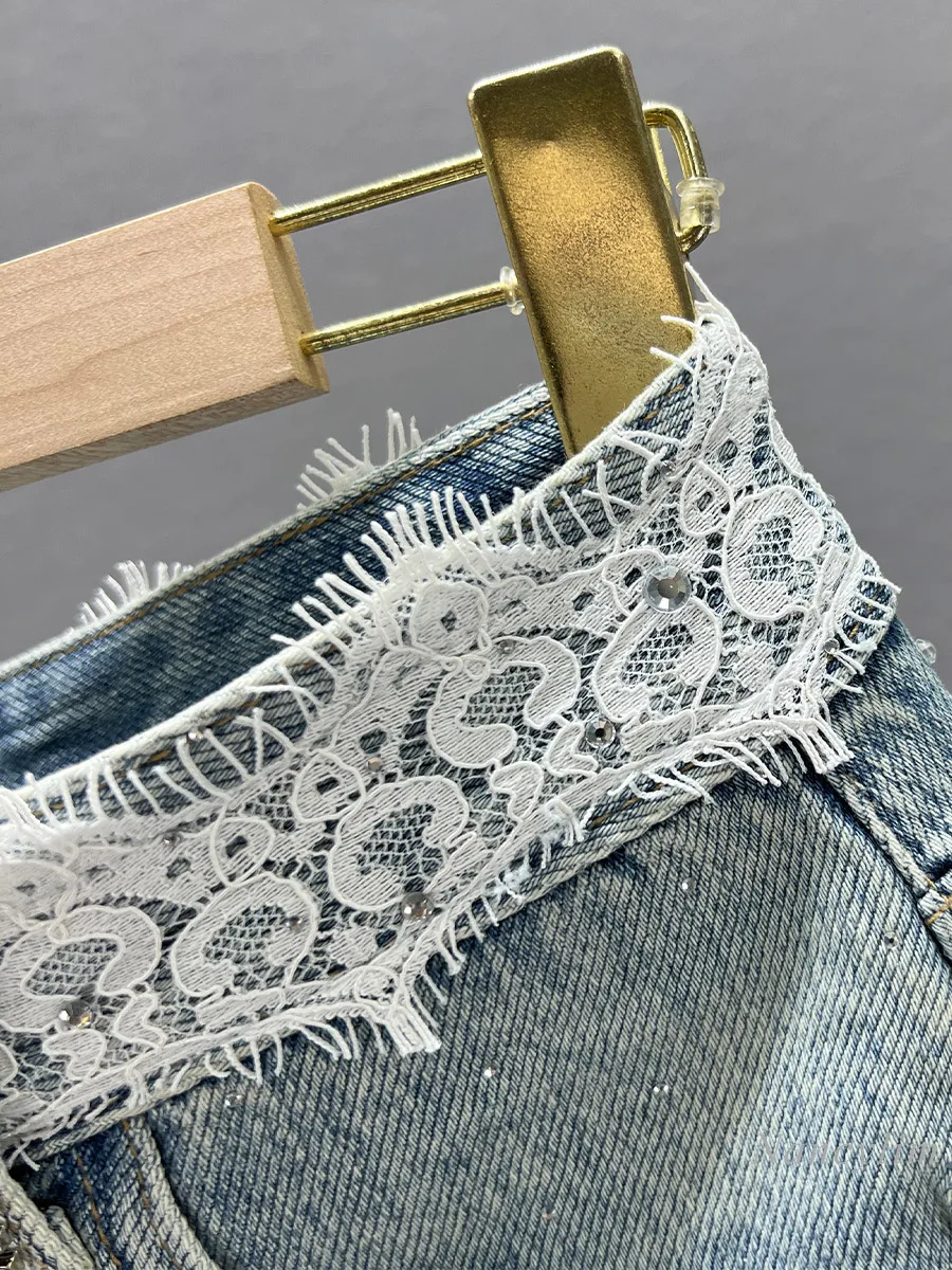 Lace Stitching Denim Skirt for Women 2024 New Summer High Waist Slim Fit Slimming European Goods Rhinestone Skirt Street