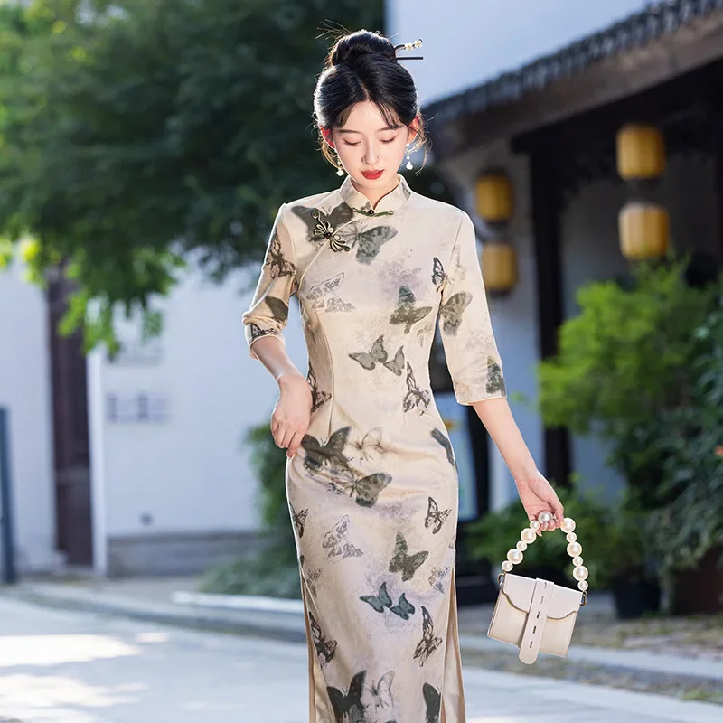 

Повседневное платье Cheongsam 2024, новое улучшенное замшевое платье Cheongsam Qipao в китайском стиле с принтом бабочки для девочек