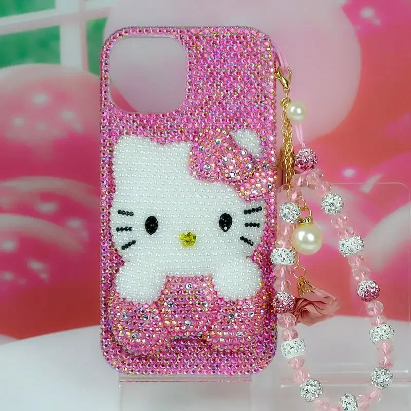 Handmade Original Sanrio for iPhone 11 12 13 14 15 Pro Max AB Diamond Hello Kitty iPhone 16 Plus Phone Case Rhinestone