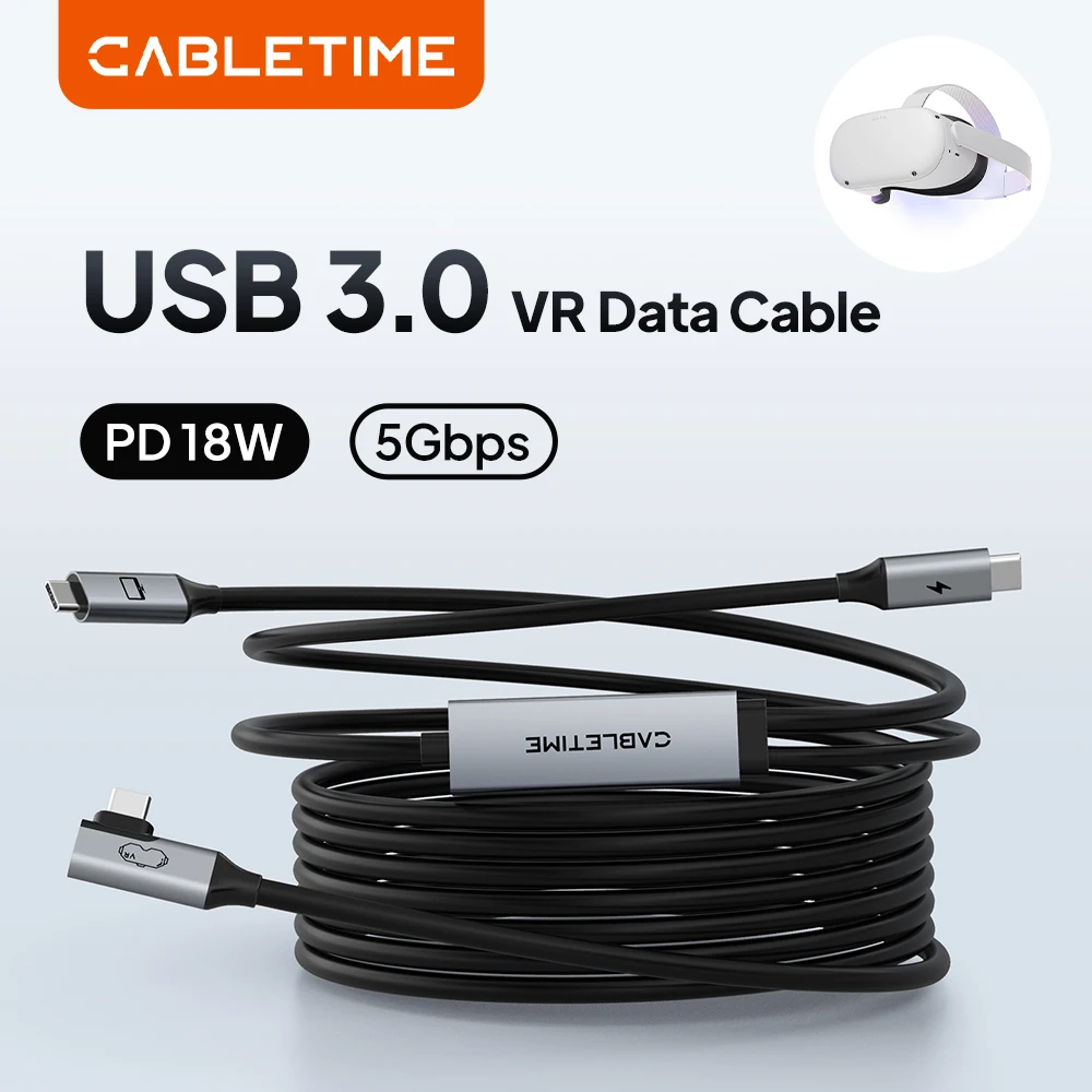 CABLETIME USB C to USB C VR Link Cable 18W 5Gbps Charging for Meta Quest 3S/3/2/Pro Oculus Quest PC VR Steam VR Date Cable