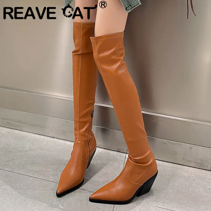 

REAVE CAT Brand Female Stretch Over Knee Boots Pigskin Pointed Toe Chunky Heels 8cm Zipper Sexy Women Party Booties Big Size 40