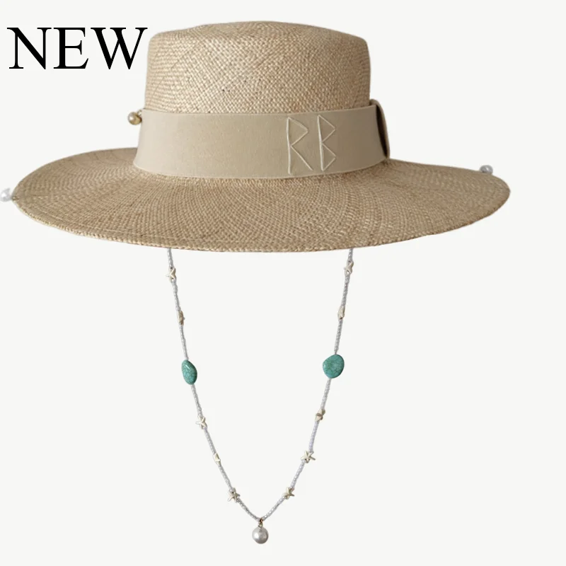 Summer Straw Hats for Women Ribbon Decoration Elegant Ladies Party Dress Hats Travel Beach Sun Hat Starfish Pearl Chain