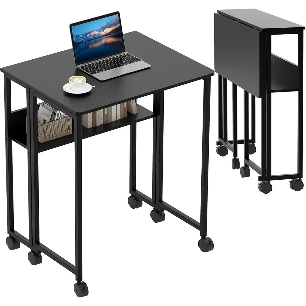 

Compact Rolling Desk with Storage Shelf, 24.8 Foldable Computer Table on Wheels, Portable Home Office Desk for Small Spaces, Eas