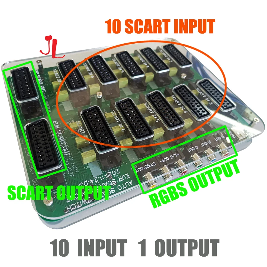 New Upgraded Acrylic Case RGBS SCART Distributor Converter Video 10 In 1 Out Auto Automatic Switcher EUR Divider Board Device