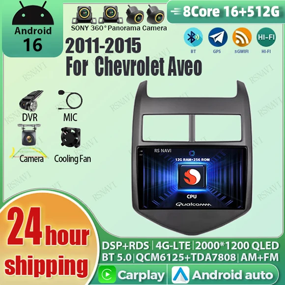 Radio para Auto Android 16 wifi+4G Qualcomm 16G - 512G con Carplay para Chevrolet Aveo 2 Sonic T300 2011-2013, Reproductor GPS Estéreo 2K BT