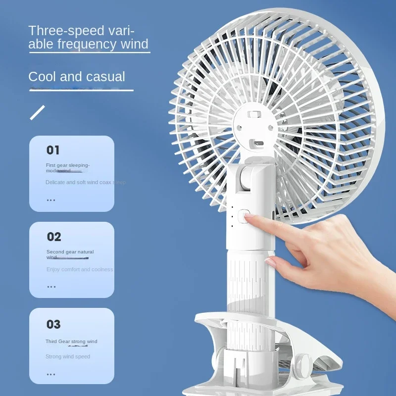 Ventilador Elétrico Portátil, USB Recarregável, 3-Gears, Clipe Sem Fio, Handheld, Circulador, Refrigeração, Ventilador para Camping, Desktop, Escritório