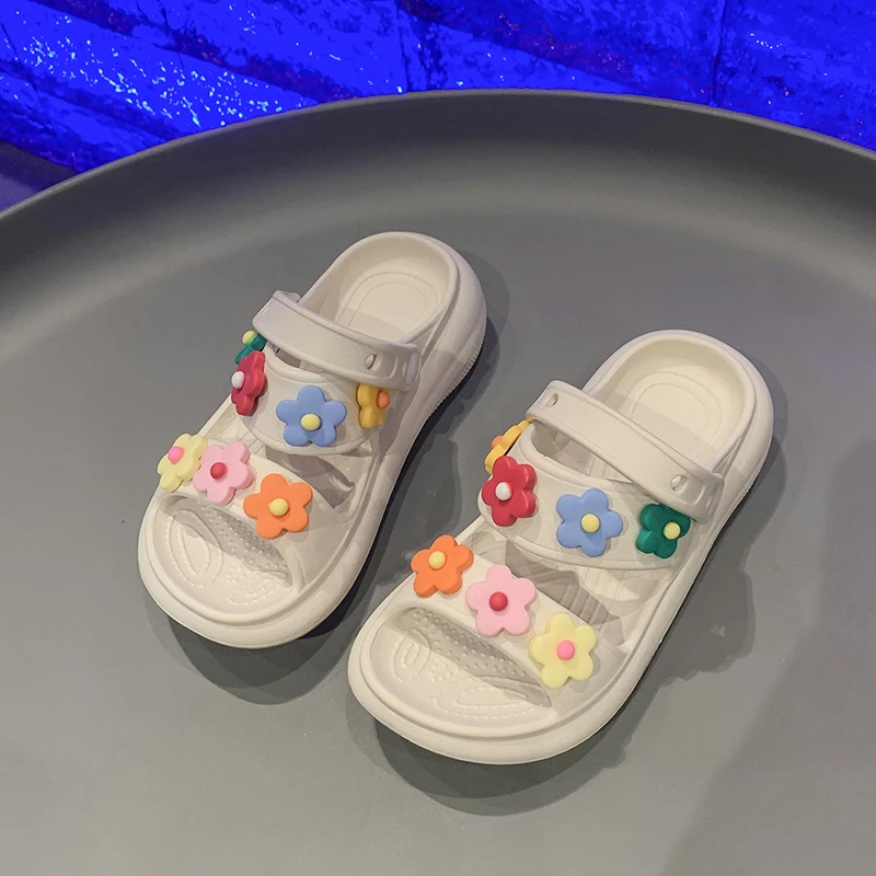 Cute Flower Deco Sandals For Kids Girls Summer Anti-Slip Slippers Children Brand Design Thick Sole Soft Pool Bath Beach Shoes