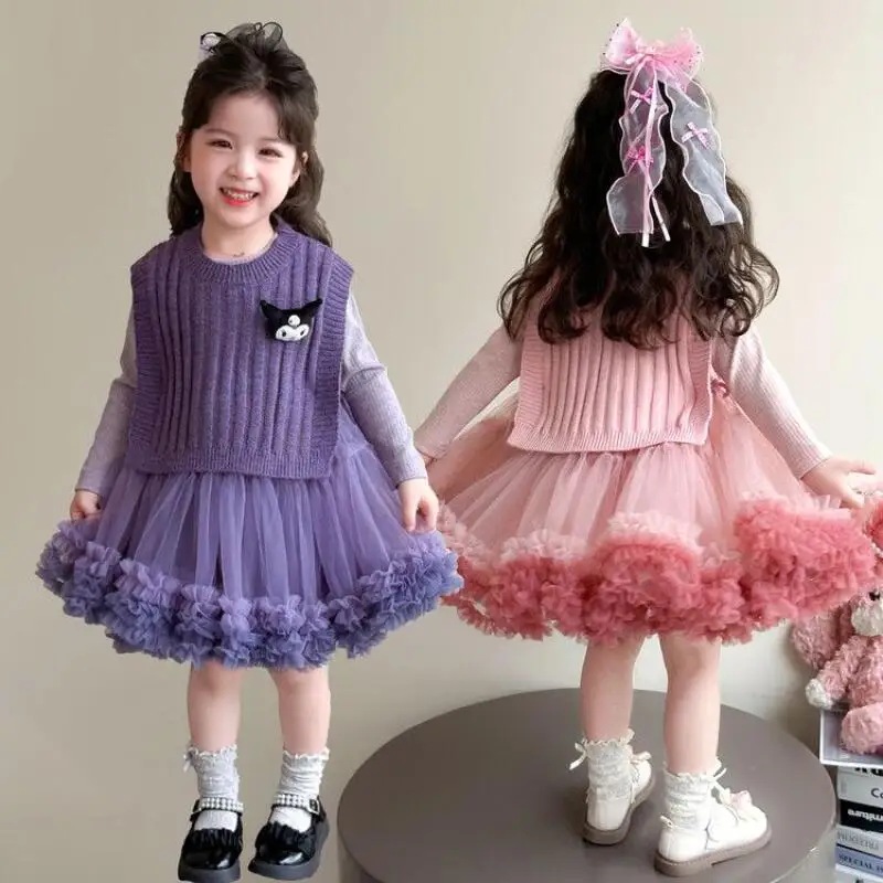 

Sanrio Kuromi Girls Long Sleeves Dress New My Melody Spring Autumn Princess Skirt Vest Sweater Skirt Set Children's Clothing