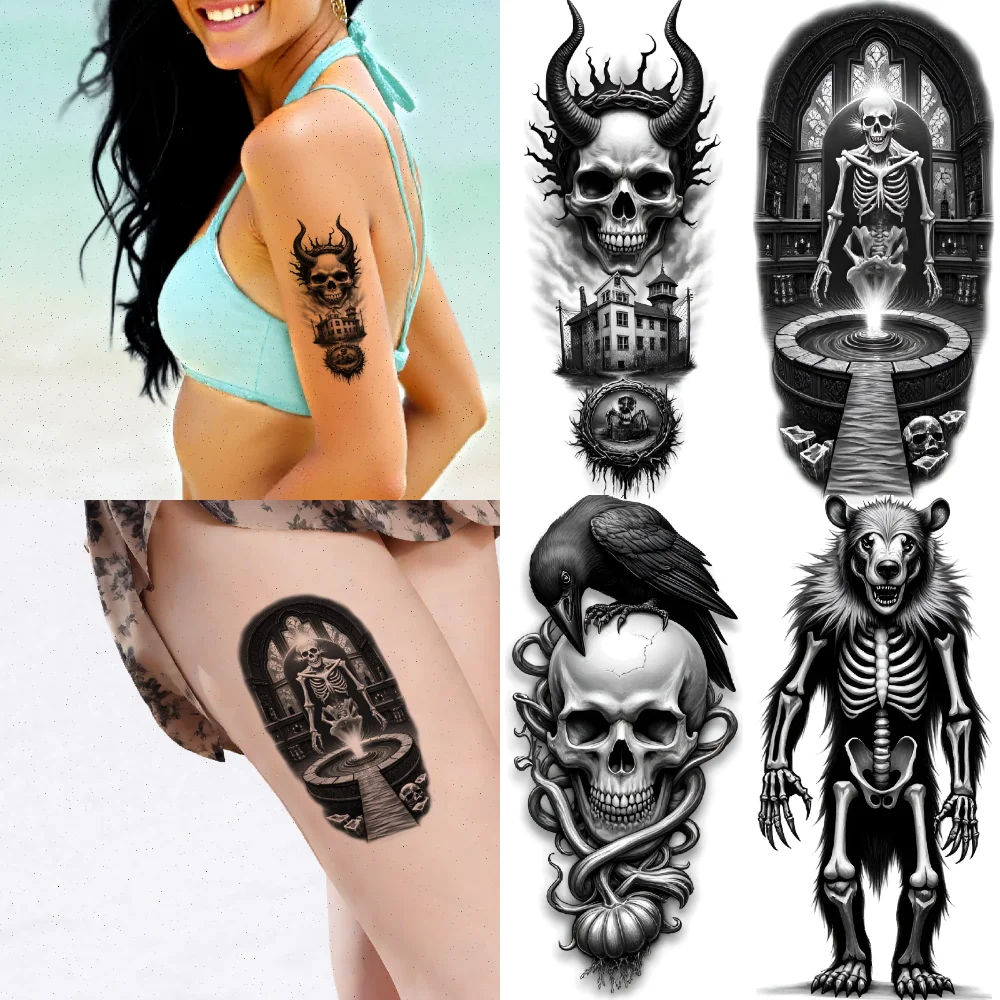 

3pcs Temporary Tattoo Skeleton Tattoo Black And Grey Realism Skull Tattoo Realistic Temporary Tattoos For Arms Adults Women
