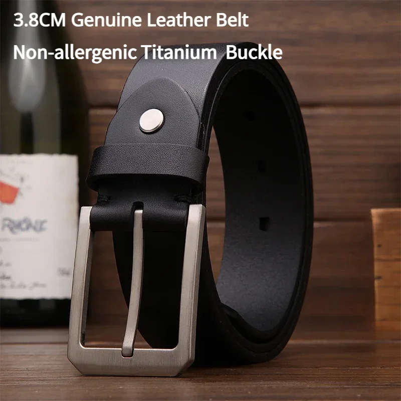 3.8cm Genuine Leather Belt Prong Buckle Pure Titanium Ultra-Lightweight Hypoallergenic Metal Western Belt for Men 105-135