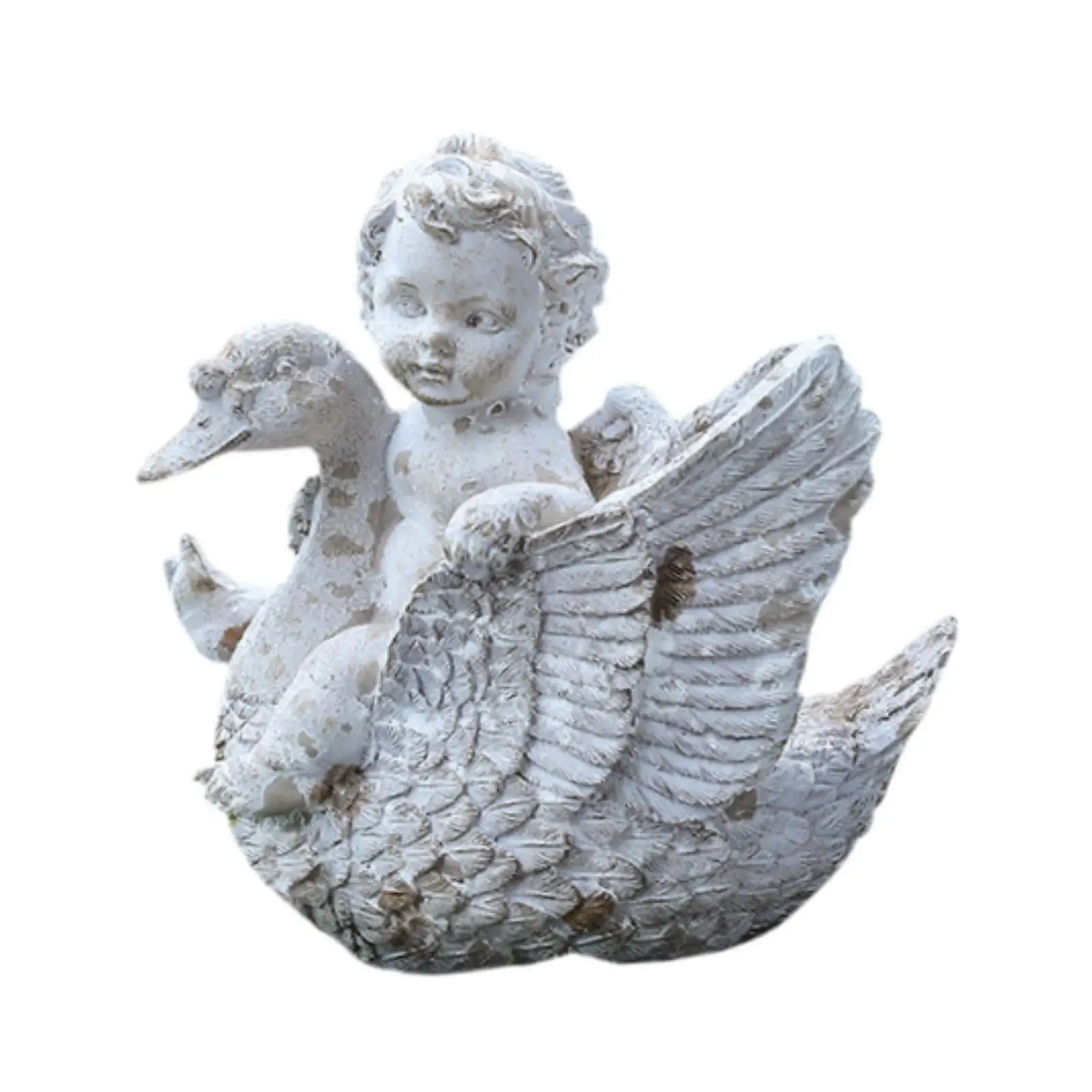 Angel Riding A Swan Garden Statue Sculpture for Pond Poolside Areas Porch