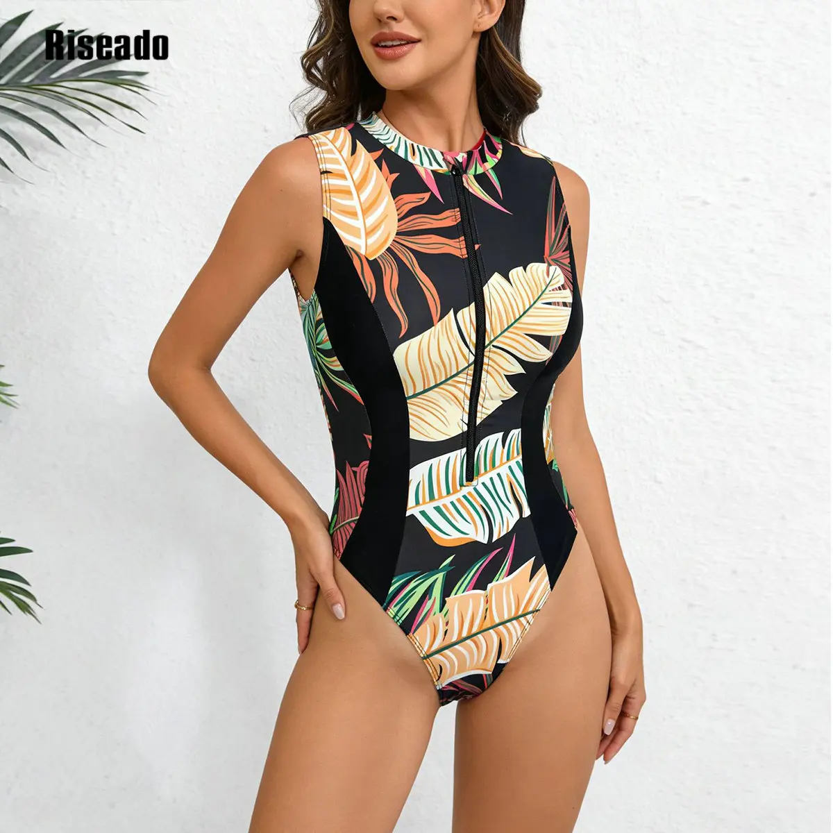 

Women One Piece Rash Guard High Neck Sleeveless Zipper UPF 50 Surfing Swimsuit Flower Leaf Print Beach Swimwear