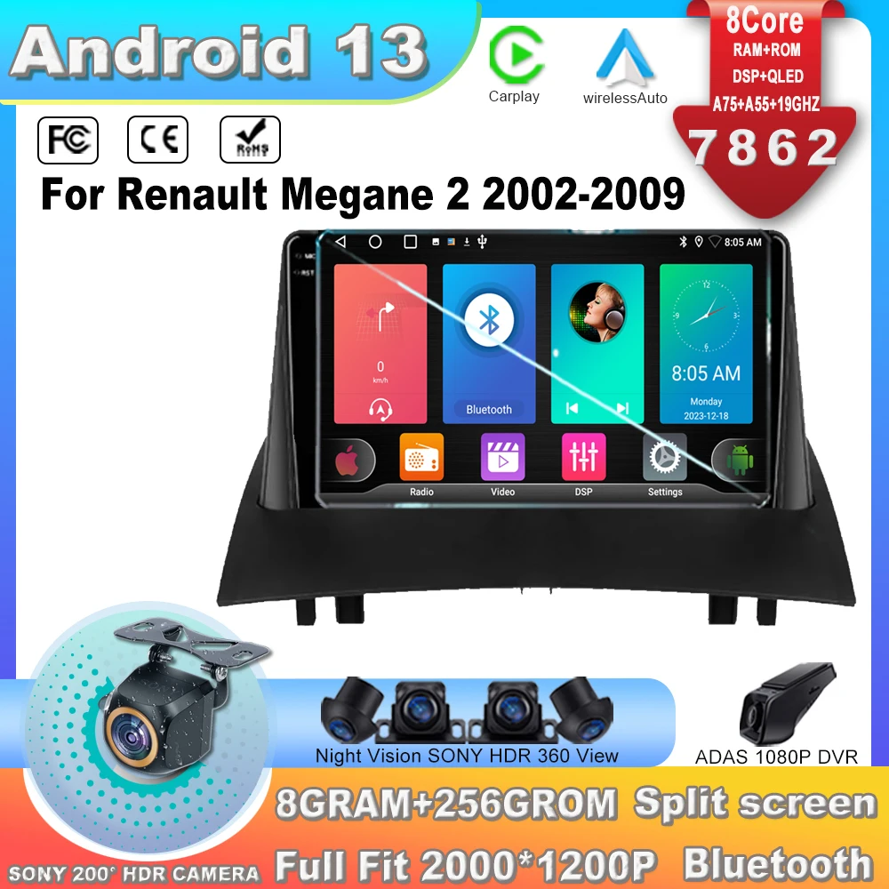 Car Android13 For Renault Megane 2 2002-2009 Multimedia Video Radio Player Navigation Stereo 4G 7862CPU Multi-Performance System