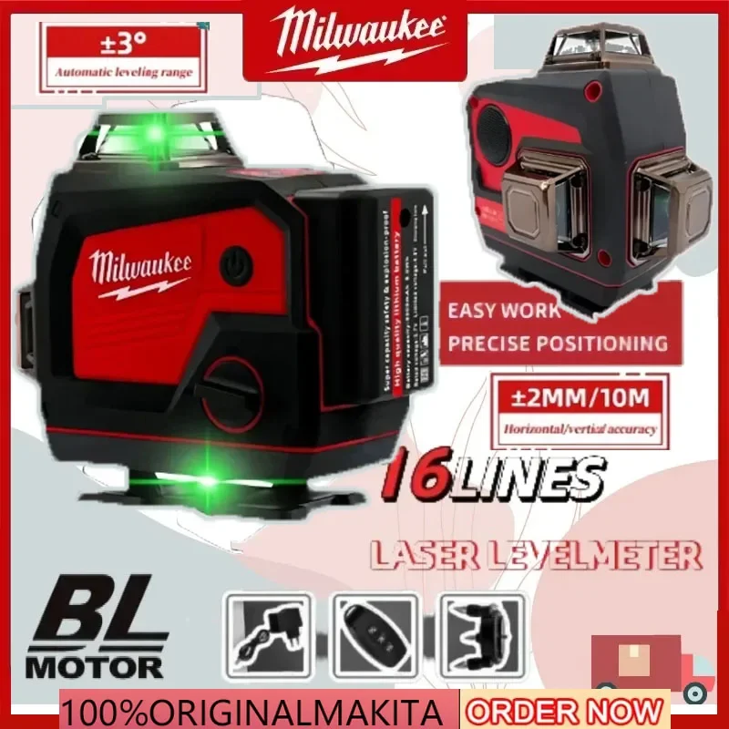

Milwaukee 16 Lines Laser Level Meter Horn Function 360° Horizontal And Vertical Cross Green Light Self-Leveling Tool for 18V