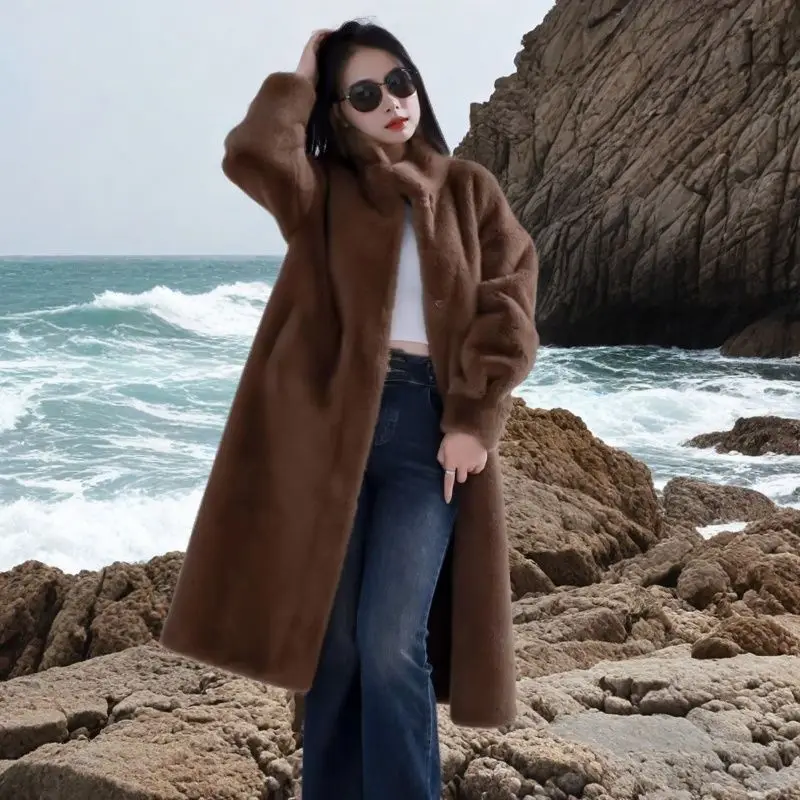 Luxe losse herfst winter dames bontjas warme dikke lange nepbontjas revers overjas pluizige jas ontwerp zachte wollen jas