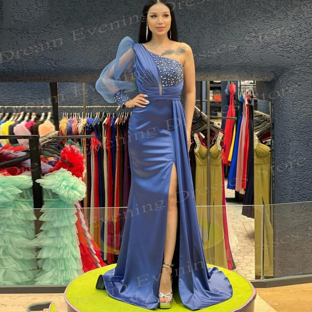 Vestido de noche de sirena para mujer, traje de un hombro con cuentas, plisado, con abertura, elegante y a la moda, color azul