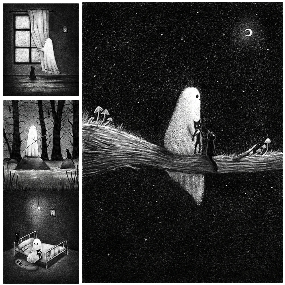 The Life Of A Lonely White Ghost And A Black Cat Wall Art Canvas Print Ghost Diary Black And White Pencil Art Poster Print Decor