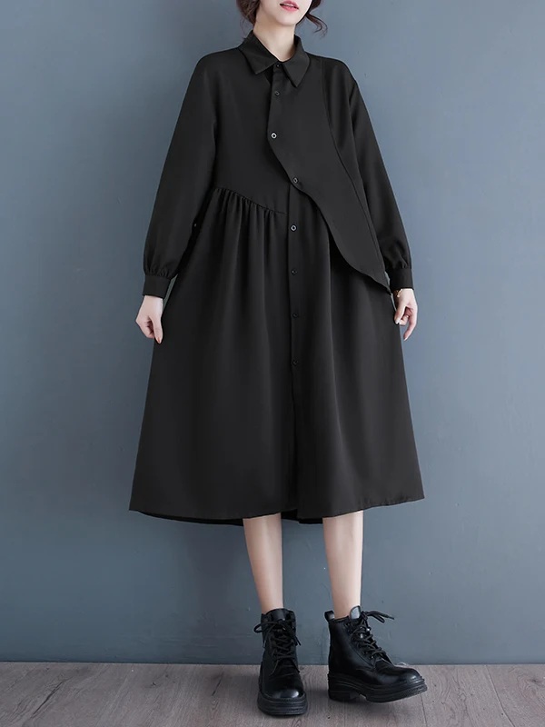 Dark Style Asymmetrical Hepburn Shirt Dress Black Long Skirt Autumn Season High Fashion Women's Clothing Elegant A-Line Gown