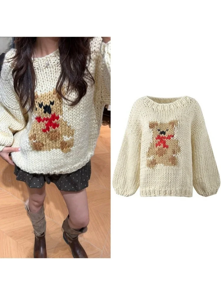 

Женский вязаный свитер с мультяшным медведем, новинка весны, повседневный, свободного кроя, с длинными рукавами, круглым вырезом, мягкий, средней толщины, модный