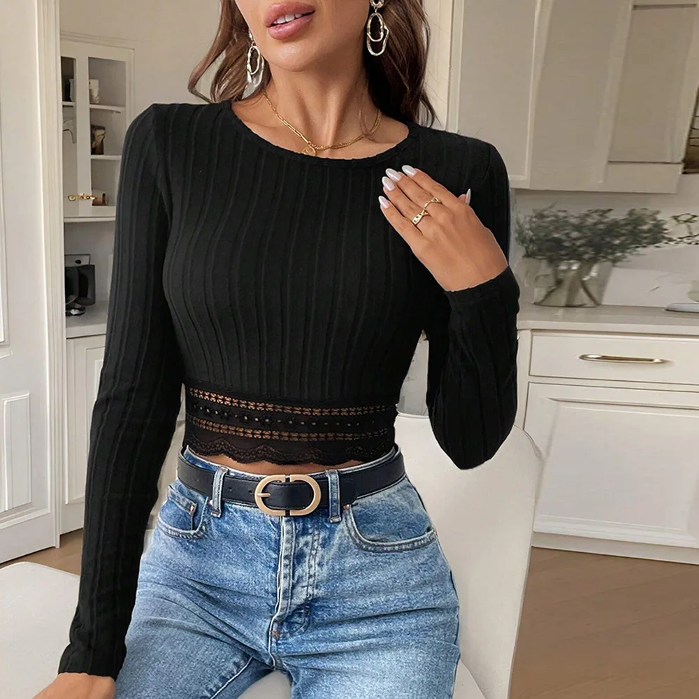 Women Summer Lace Trim Short Tops Slim Fit Long Sleeve Casual T Shirt Blouse