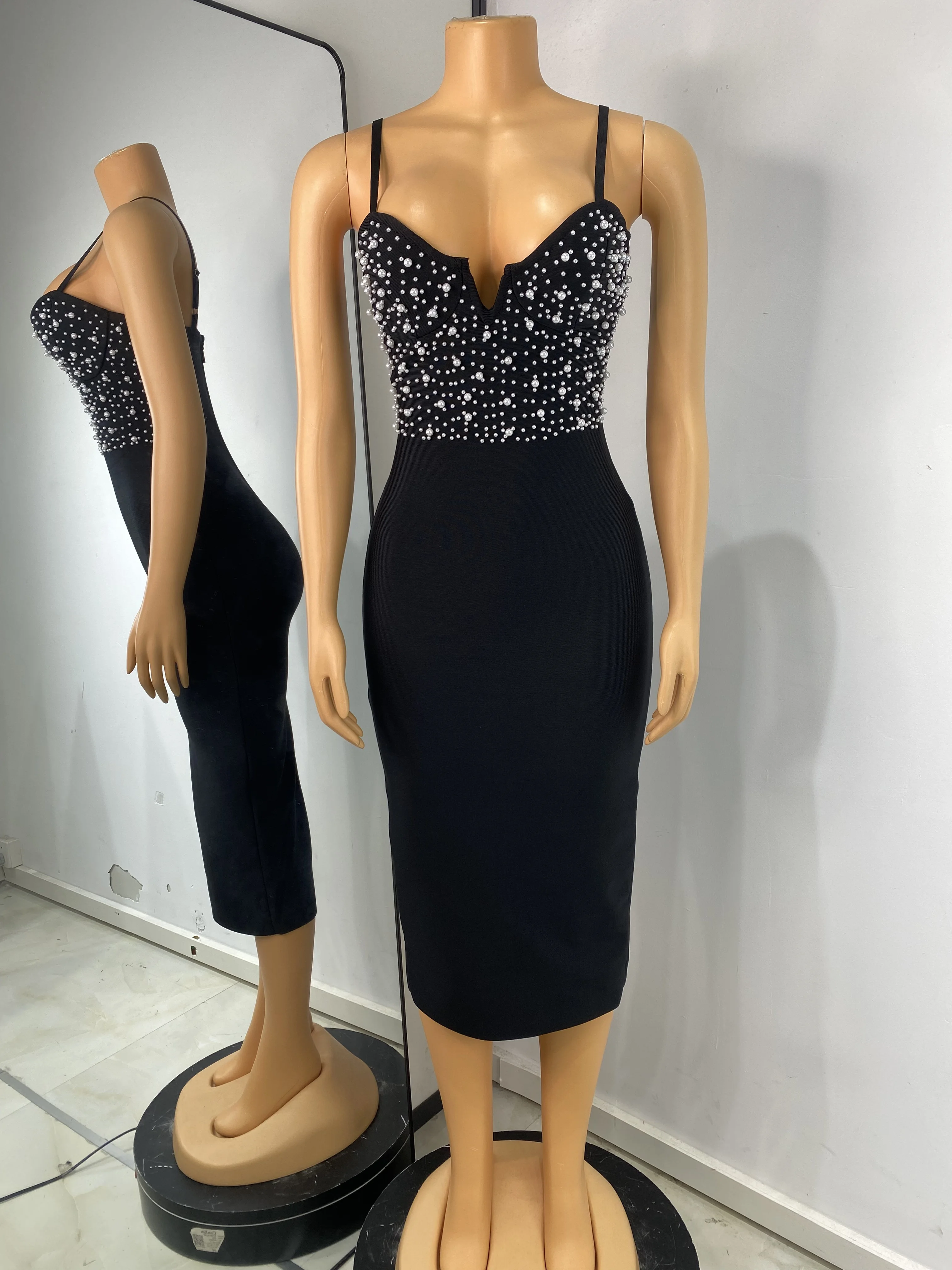 Vestido Bandage negro de verano para mujer, vestido largo con tirantes finos y cuello en V con perlas y pedrería, vestidos de fiesta para discoteca de noche de calle alta