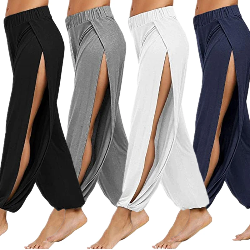 Pantaloni da Yoga moda donna a vita alta con spacco a gamba larga pantaloni Haren Leggings da palestra pantaloni da allenamento Casual solidi vuoti